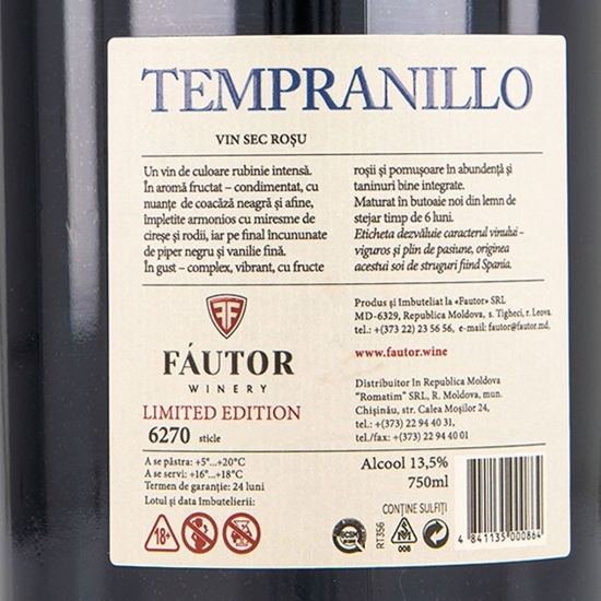 Vin roșu sec Tempranillo, 13.5%, 0.75l