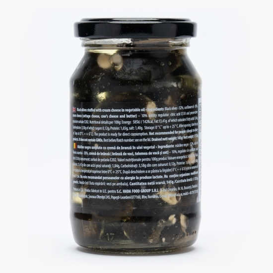 Măsline negre umplute cu cremă de brânză, în ulei vegetal 235g