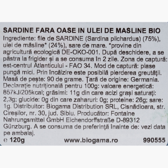 Sardine fără oase, în ulei de măsline, 120g