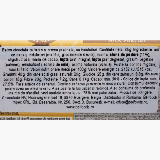Baton ciocolată cu lapte și praline, fără zahăr adăugat 35g