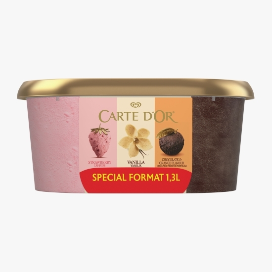 Înghețată de căpșuni, vanilie, ciocolată cu aromă de portocală 1.3l
