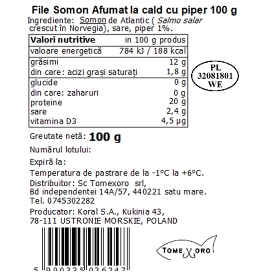 File de somon afumat la cald, cu piper 100g