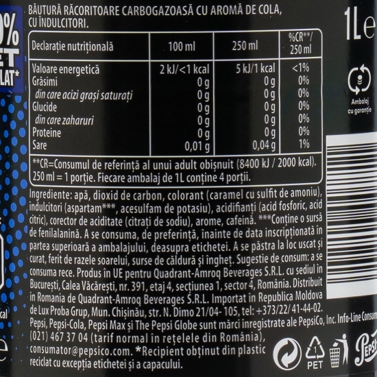 Băutură carbogazoasă aromă de cola Zero Zahăr 1l