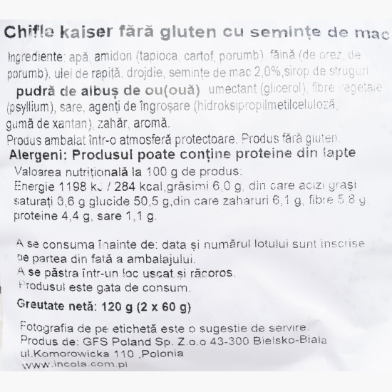 Chifle Kaiser cu mac, fără gluten, 2x60g (120g)