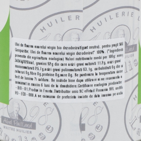 Ulei de floarea-soarelui virgin eco dezodorizat (gust neutru) pentru prăjit 0.5l