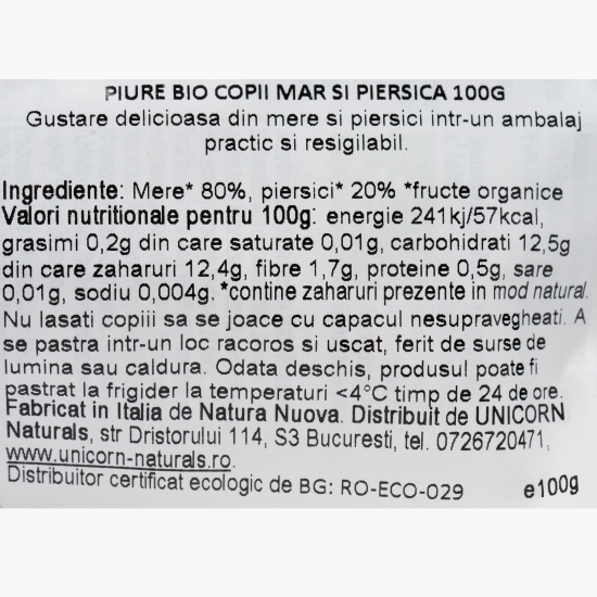 Piure eco din măr și piersică, pentru bebeluși 6+ luni, 100g