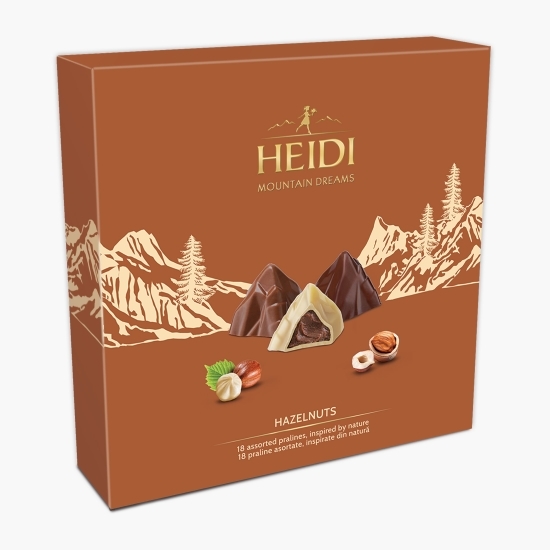 Praline asortate din ciocolată lapte, albă, amăruie cu alune de pădure Mountain Dreams Hazelnuts 150g
