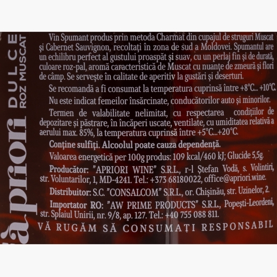 Vin spumant rose dulce Muscat, 11.5%, 0.75l