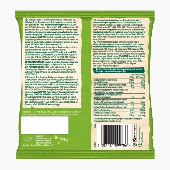 Sticksuri ecologice din porumb cu legume 15g, 7+ luni