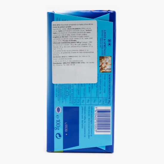 Ciocolată elvețiană cu lapte și bucăți de alune de pădure prăjite 100g