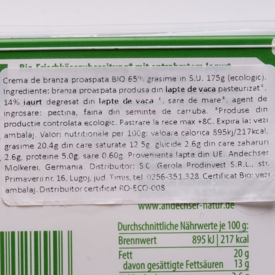 Cremă de brânză proaspătă eco 65% grăsime 175g