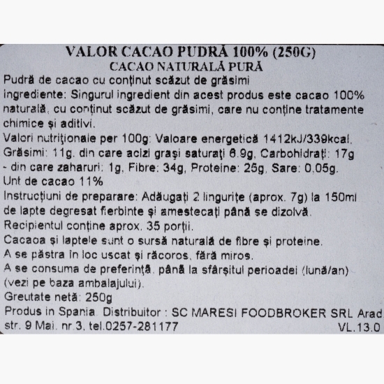 Cacao pudră 100% Natural Cocoa 250g