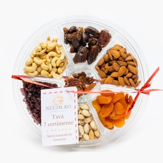 Tavă 7 sortimente: caju, migdale, fistic, pecan, curmale, caise, merișoare confiate
