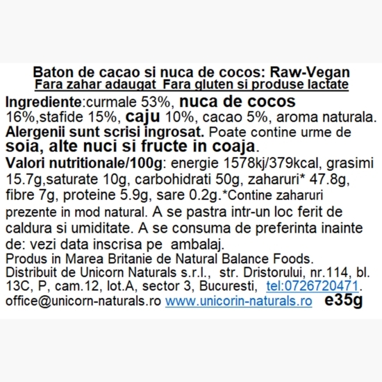 Baton raw-vegan cu cacao și nucă de cocos fără gluten, fără zahăr adăugat 35g