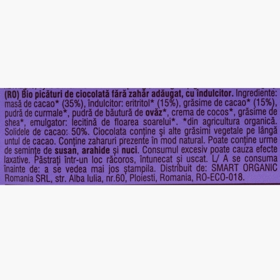 Picături eco de ciocolată Choco drops, fără zahăr adăugat, vegan 200g