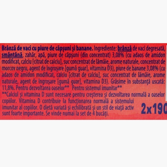 Brânzică de vaci cu piure de fructe căpșuni-banane 4x95g