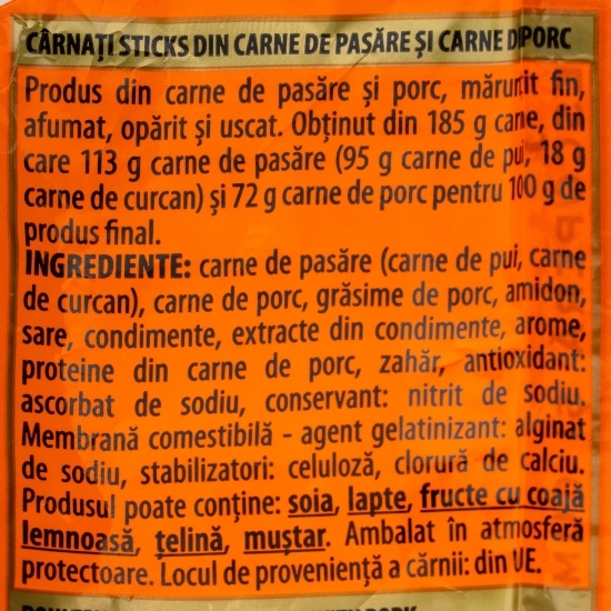 Cârnați sticks de pui, porc și curcan 90g