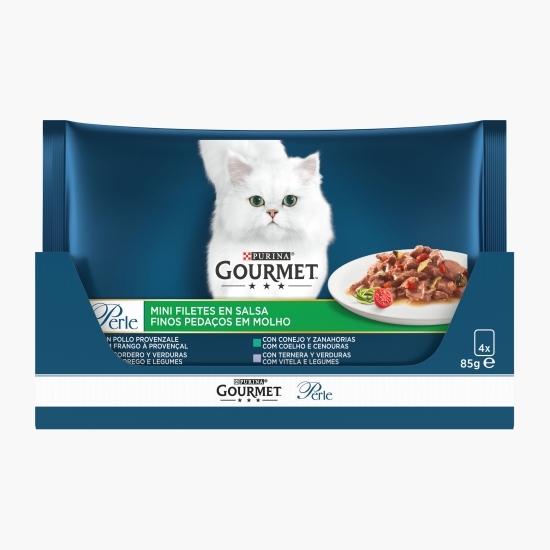 Hrană umedă pentru pisici, 4 x 85g, Perle cu vițel și legume/iepure și morcovi/miel și legume în sos