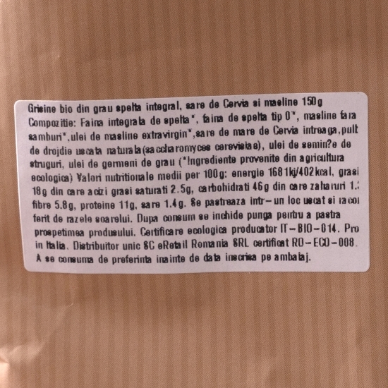 Grisine eco din grâu spelta integral, sare de Cervia și măsline 150g