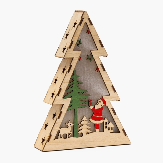 Decorațiune luminoasă de Crăciun Brad cu Moș Crăciun, din lemn, interior/exterior, 20x14x5cm