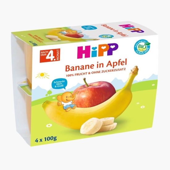 Gustare eco cu fructe-banane și mere, +4 luni, 4x100g
