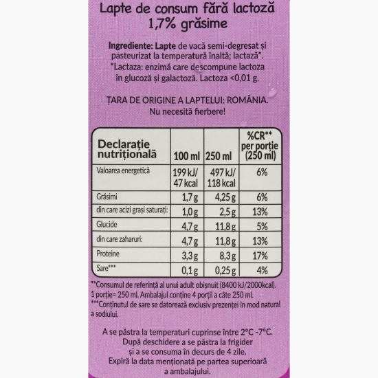 Lapte fără lactoză, 1.7% grăsime, 1l