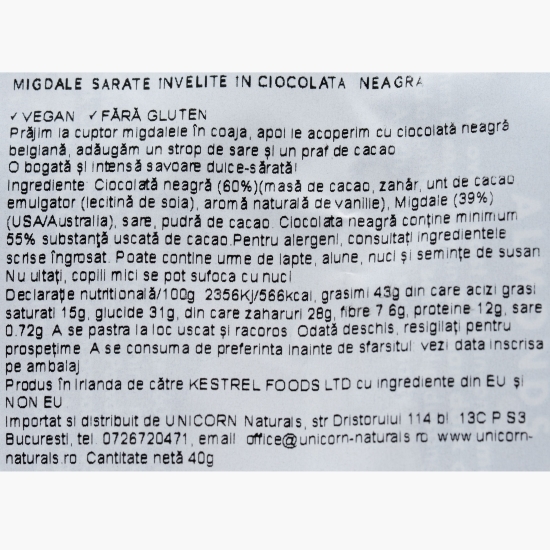 Migdale sărate învelite în ciocolată belgiană neagră 40g