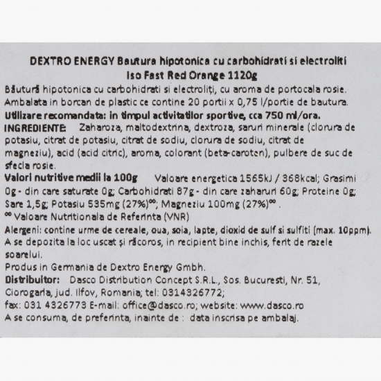 Băutură hipotonică cu carbohidrați și electroliți Red Orange 1120g