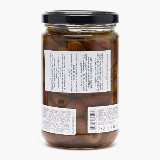 Măsline negre Leccino fără sâmburi, condimentate, în ulei de măsline extravirgin, by Măslinescu, 280g