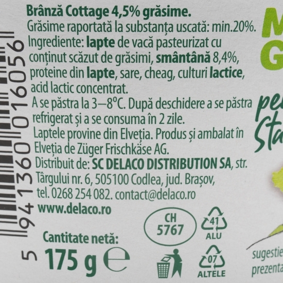Brânză Cottage cu smântână, 4.5% grăsime, 175g