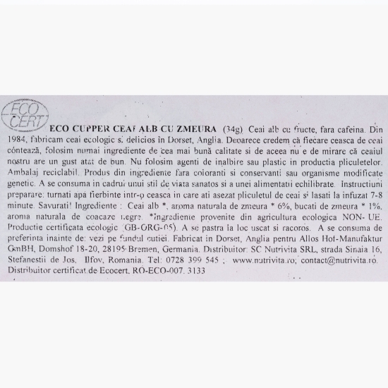 Ceai alb eco cu zmeură 20 plicuri, 34g