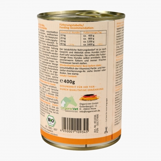 Hrană eco umedă pentru câini, 400g, cu pui, orez și dovleac 