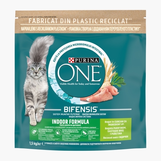 Hrană uscată pentru pisici adulte, 1.5kg, One Indoor cu curcan și cereale integrale