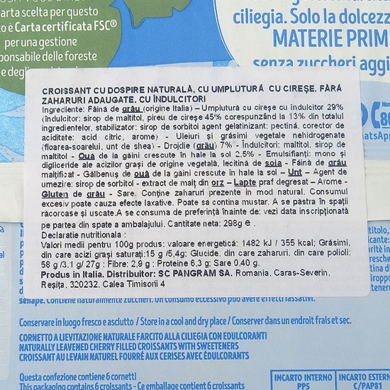 Croissant cu cireșe fără zahăr adăugat, 6 bucăți, 298g
