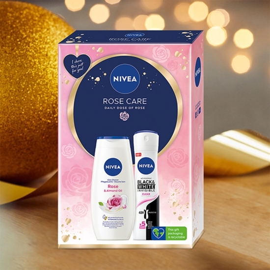Set cadou: Gel de duș Care & Roses 250ml + Deodorant spray feminin Black & White Clear 150ml