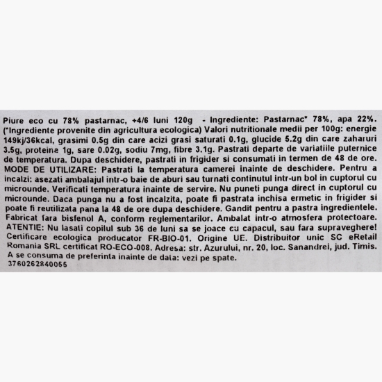 Piure eco cu 78% păstârnac, +4/6 luni, 120g