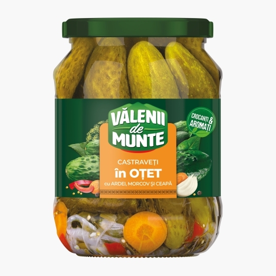 Castraveți în oțet, cu ardei, morcov și ceapă 670g