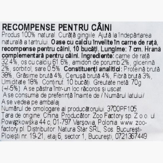 Recompense pentru câini, oase cu calciu învelite în carne de rață, 10 bucăți