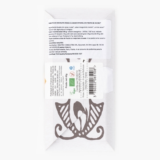 Tabletă de ciocolată crudă, 69% cacao și zahăr integral din trestie eco 45g