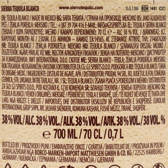 Tequila Sierra Blanco 38% alc. 0.7l