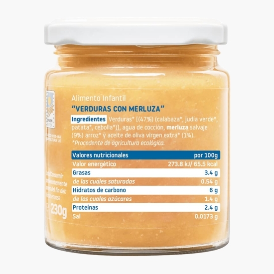 Piure eco de legume cu merluciu și ulei măsline +6 luni, 230g