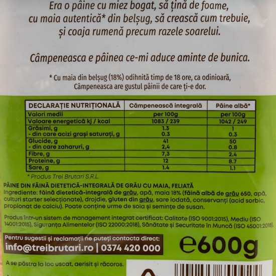 Pâine din grâu integral cu maia 600g