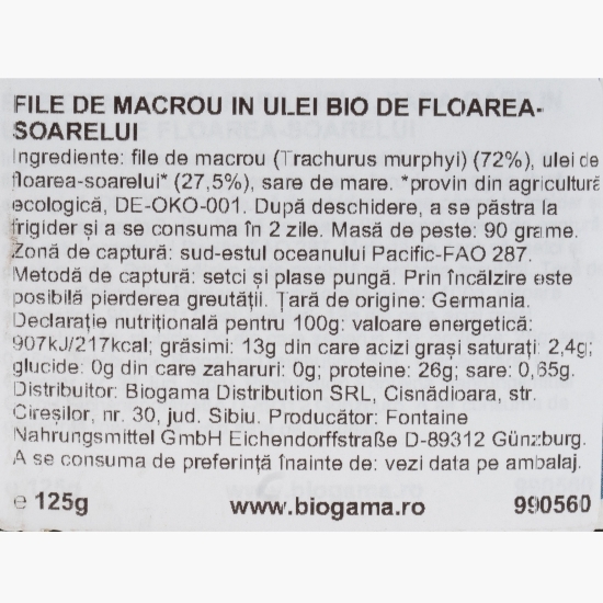 File de macrou fără piele și fără oase, în ulei eco de floarea-soarelui, 125g