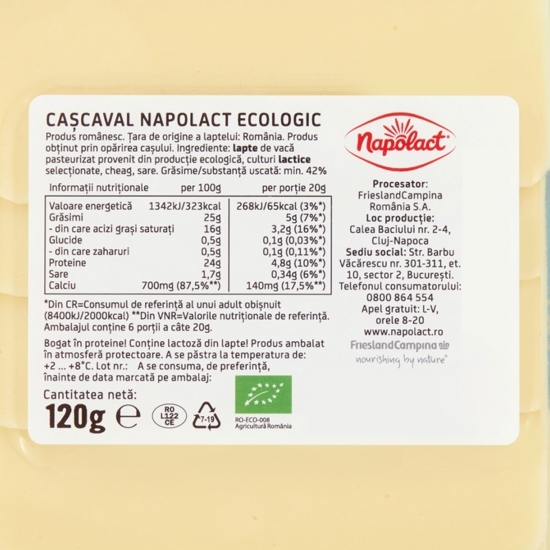 Cașcaval de vacă eco felii 120g