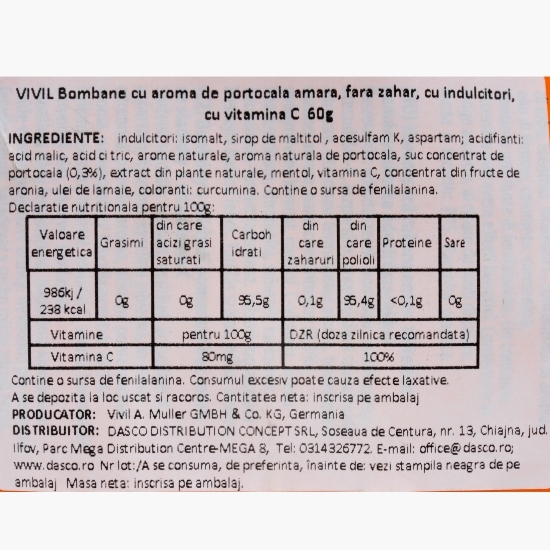 Bomboane fără zahăr cu portocală amară și vitamina C, 60g