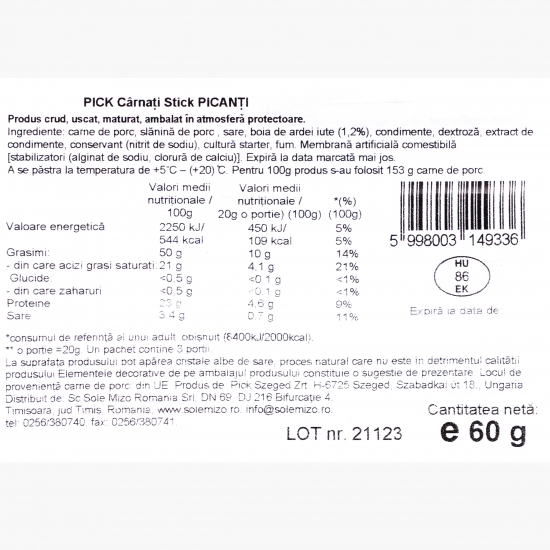 Cârnați stick picanți 60g