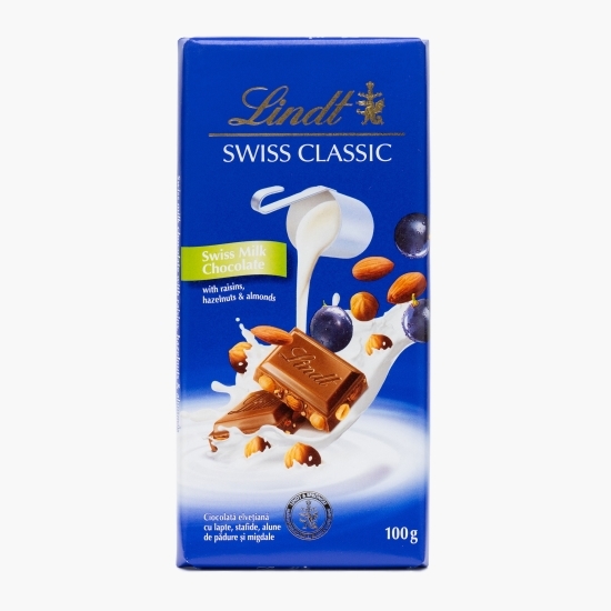 Ciocolată cu lapte, stafide, alune de pădure și migdale, Swiss Milk Chocolate 100g