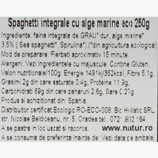 Paste Spaghetti integrale din grâu cu alge marine, eco, 250g