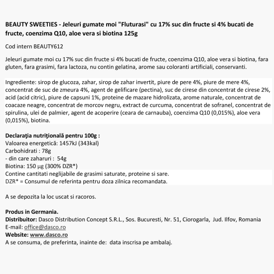 Jeleuri gumate cu aromă și bucăți de fructe, coenzima Q10, aloe vera și biotină 125g