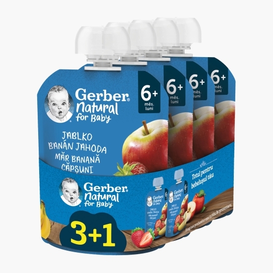 Piure natural de măr, banană și căpșuni, +6 luni, 4x90g (3+1)